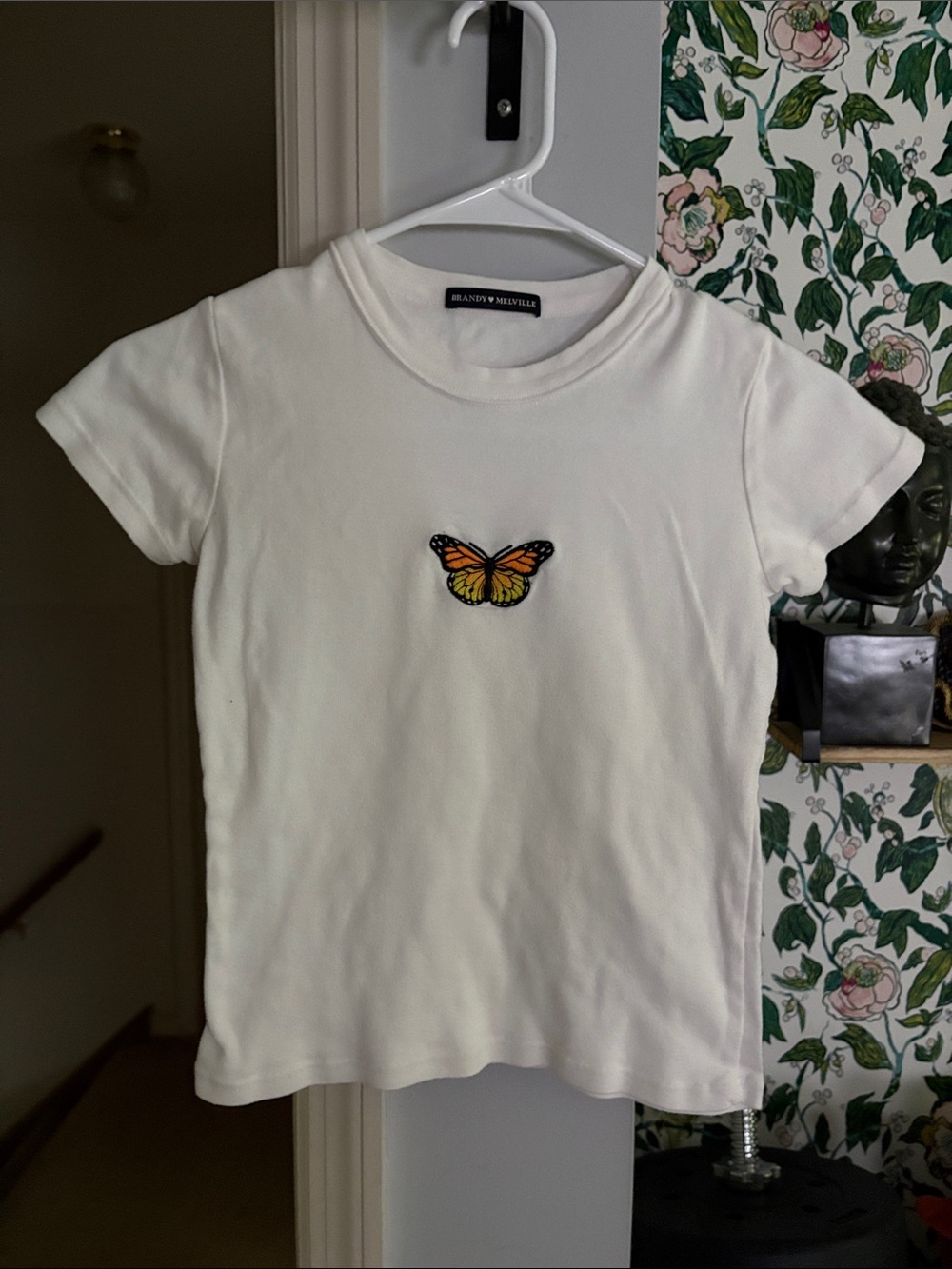 Brandy Melville White Tee with Orange Butterfly Patch